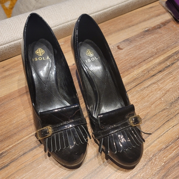 Isola black patent leather fringe block heel gold buckle high heels pumps 7.5 - Picture 1 of 8